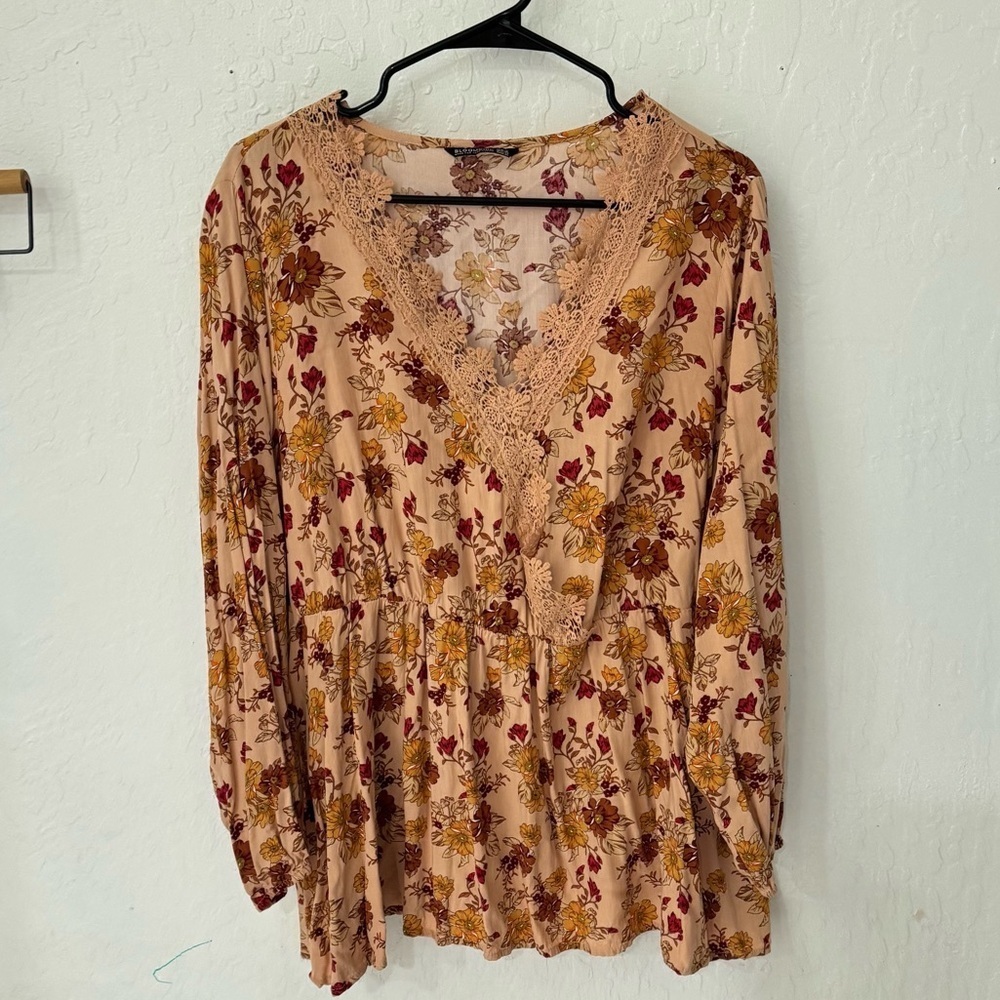 Bloomchic Floral Orange Pink Lace Babydoll Long Sleeve Blouse Plus Size 22/24 - Picture 1 of 6